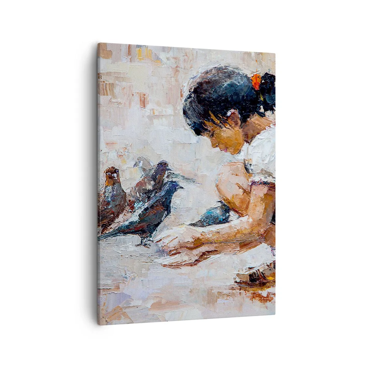 Cuadro sobre lienzo - Impresión de Imagen - Una niña alimentando pájaros en un estilo pictórico. - 50x70cm - Pequeños y dulces - Decoración de pared moderna para salón y dormitorio ARTTOR