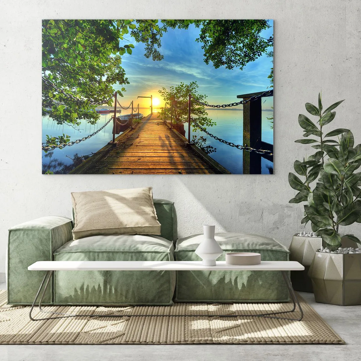 Cuadro sobre vidrio - Impresiones sobre Vidrio - Un muelle con vistas a la puesta de sol sobre el lago. - 70x50cm - Atardecer junto al agua - Decoración de pared moderna para salón y dormitorio ARTTOR