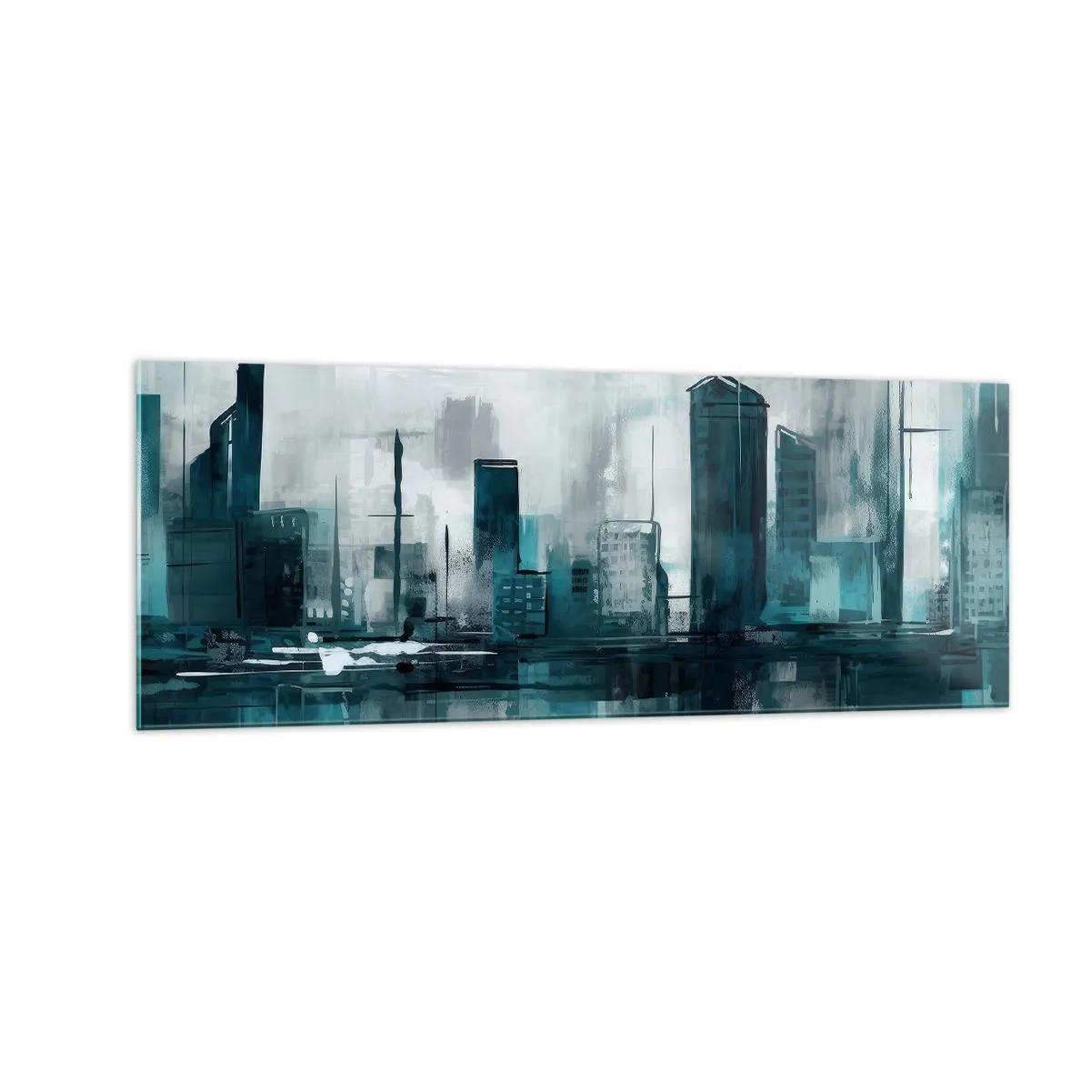 Cuadro sobre vidrio - Impresiones sobre Vidrio - Una ciudad moderna en tonos turquesa y gris. - 140x50cm - Ciudad color lluvia - Decoración de pared moderna para salón y dormitorio ARTTOR