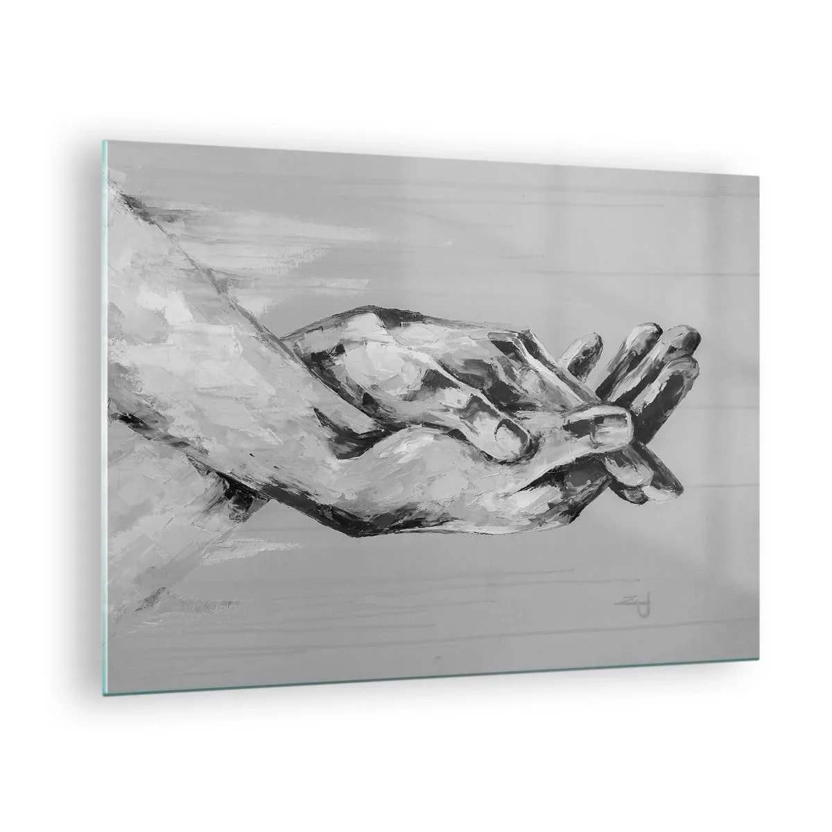 Cuadro sobre vidrio - Impresiones sobre Vidrio - Pintura en blanco y negro de dos manos que se extienden una hacia la otra. - 70x50cm - El comienzo... - Decoración de pared moderna para salón y dormitorio ARTTOR