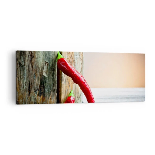 Cuadro sobre lienzo - Impresión de Imagen - Dos chiles rojos sobre un fondo de madera con acento rústico. - 140x50cm - Pimientos rojos picantes - Decoración de pared moderna para salón y dormitorio ARTTOR
