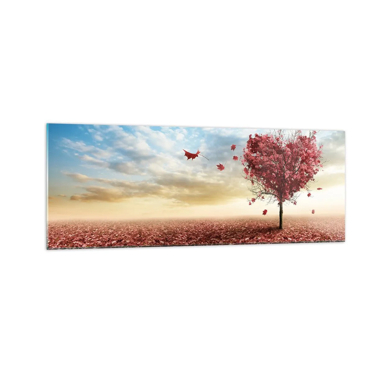 Cuadro sobre vidrio - Impresiones sobre Vidrio - Un árbol solitario en forma de corazón en un campo de hojas rojas. - 140x50cm - Amor de otoño - Decoración de pared moderna para salón y dormitorio ARTTOR