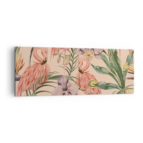 Cuadro sobre lienzo - Impresión de Imagen - Flamencos y flores tropicales sobre un fondo claro. - 140x50cm - Un ballet rosa en flores - Decoración de pared moderna para salón y dormitorio ARTTOR