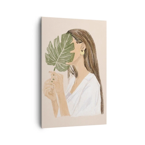 Cuadro sobre lienzo - Impresión de Imagen - Retrato de una mujer con una hoja de monstera sobre un fondo beige. - 80x120cm - Retrato misterioso con un abanico - Decoración de pared moderna para salón y dormitorio ARTTOR