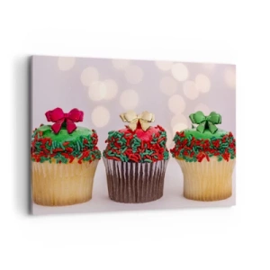 Cuadro sobre lienzo - Impresión de Imagen - Cupcakes navideños con chispas de colores y lazos. - 120x80cm - Dulzura hasta el lazo - Decoración de pared moderna para salón y dormitorio ARTTOR