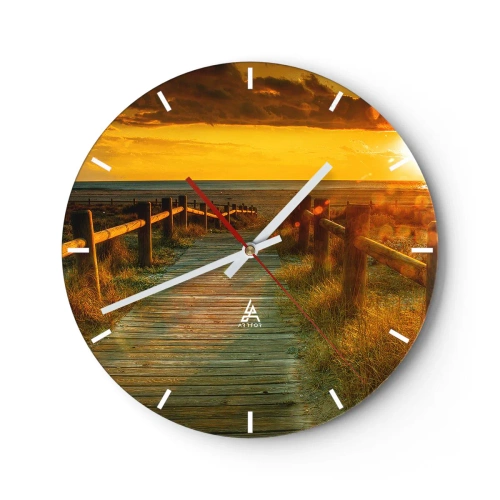Reloj de pared - Reloj de vidrio - Puesta de sol sobre el camino de madera - 30x30cm - Bañado en oro viejo - Decoración de pared moderna para salón, cocina y dormitorio ARTTOR