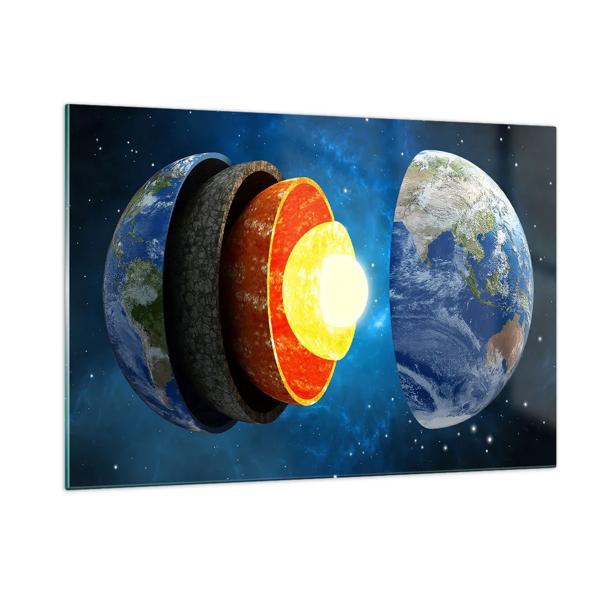Cuadro sobre vidrio - Impresiones sobre Vidrio - Una sección transversal de la Tierra que muestra sus capas contra el fondo del espacio. - 120x80cm - Una expedición a las entrañas de la Tierra - Decoración de pared moderna para salón y dormitorio ARTTOR