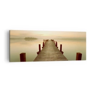 Cuadro sobre lienzo - Impresión de Imagen - Un embarcadero de madera en un lago tranquilo por la mañana. - 140x50cm - Antes del amanecer, al amanecer, la luz - Decoración de pared moderna para salón y dormitorio ARTTOR