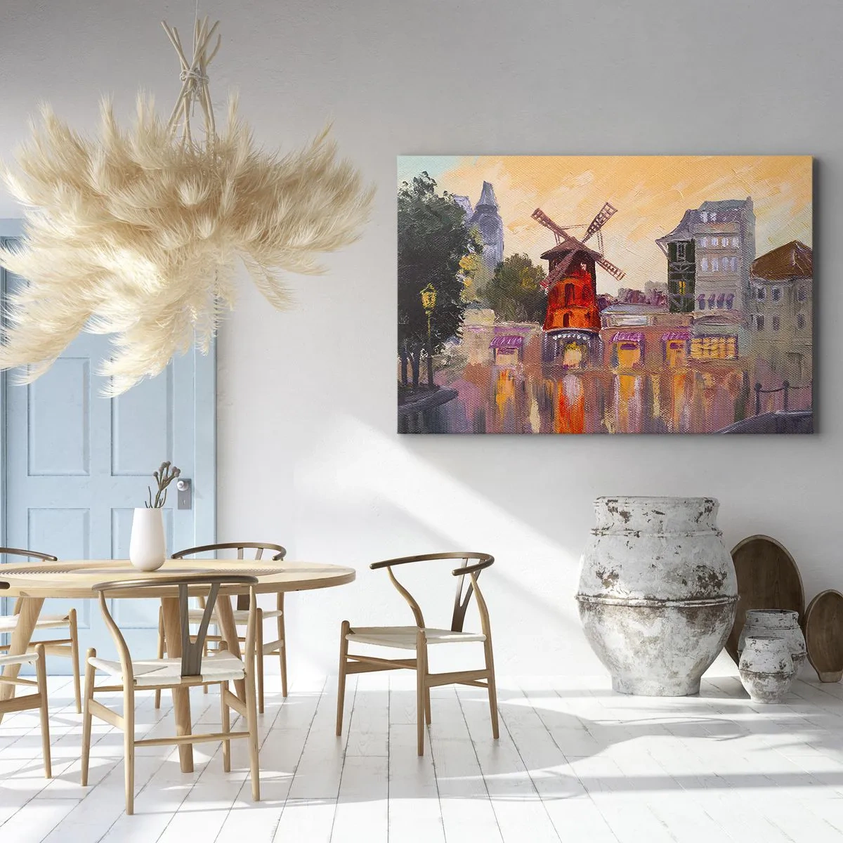 Cuadro sobre lienzo - Impresión de Imagen - El molino de viento rojo del Moulin Rouge rodeado del paisaje urbano - 120x80cm - Iconos parisinos - Moulin Rouge - Decoración de pared moderna para salón y dormitorio ARTTOR
