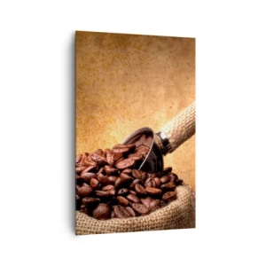 Cuadro sobre lienzo - Impresión de Imagen - Granos de café en una bolsa de yute con una cuchara de metal. - 80x120cm - En la fuente del sabor - Decoración de pared moderna para salón y dormitorio ARTTOR
