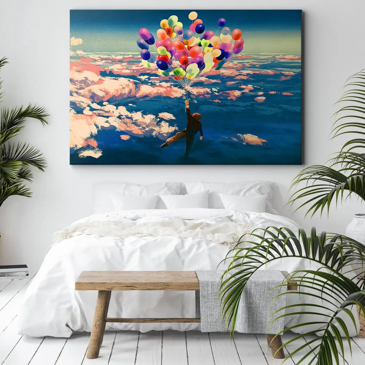 Cuadro sobre lienzo - Impresión de Imagen - Una figura flotando sobre las nubes con globos de colores. - 100x70cm - Un sueño de infancia hecho realidad - Decoración de pared moderna para salón y dormitorio ARTTOR