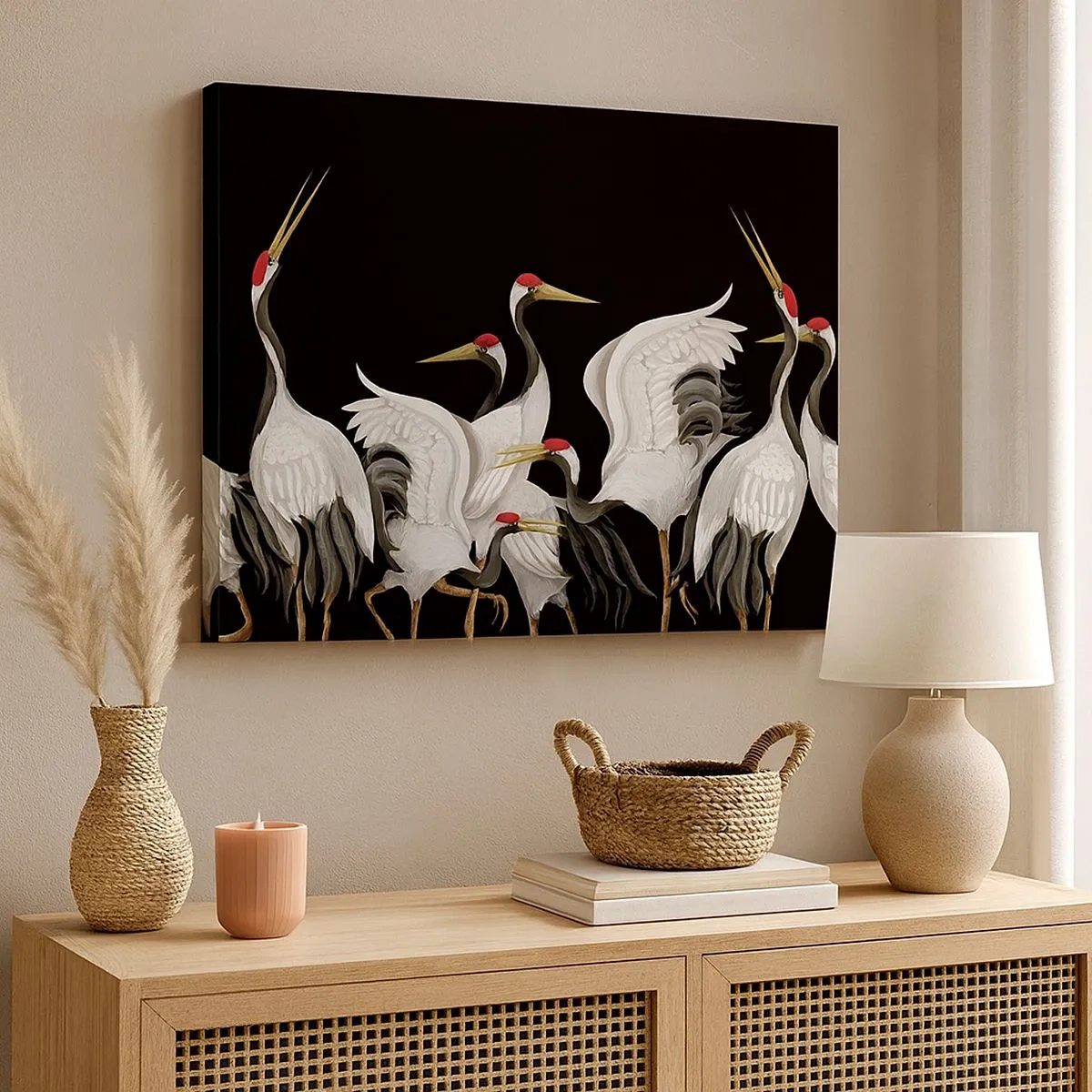 Cuadro sobre lienzo - Impresión de Imagen - Grúas blancas con acentos rojos sobre fondo negro - 70x50cm - Asuntos de aves - Decoración de pared moderna para salón y dormitorio ARTTOR