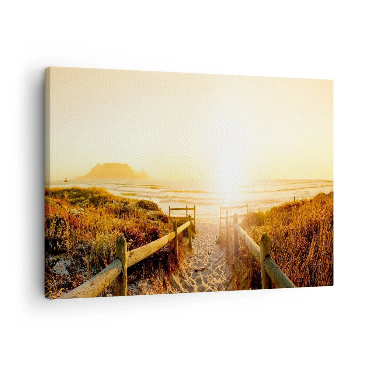 Cuadro sobre lienzo - Impresión de Imagen - Camino a la playa durante un atardecer dorado - 70x50cm - A través de la duna, hacia el sol - Decoración de pared moderna para salón y dormitorio ARTTOR