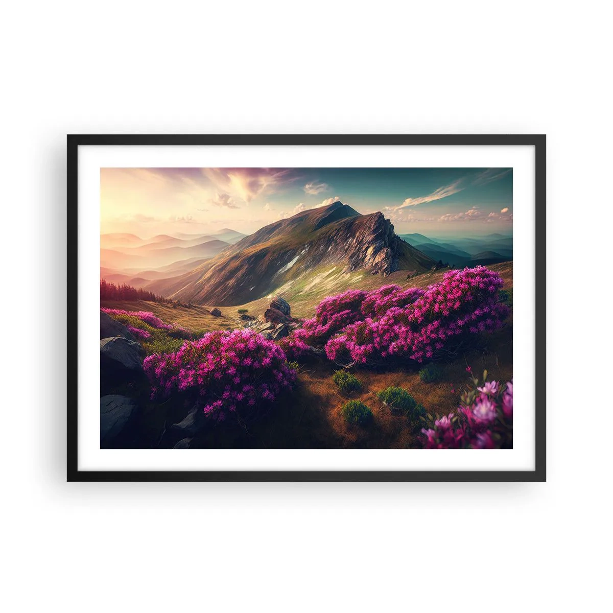 Póster en marco negro - Paisaje de montaña con rododendros en flor - 70x50cm - Verano en las montañas - Decoración de pared moderna para salón y dormitorio ARTTOR