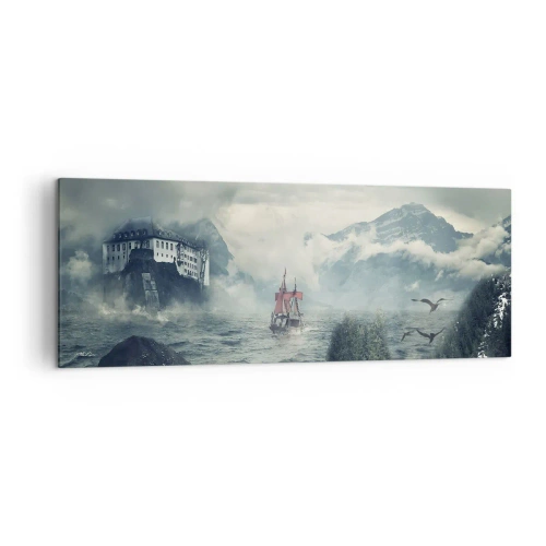 Cuadro sobre lienzo - Impresión de Imagen - Un paisaje misterioso con un castillo, montañas y un barco. - 140x50cm - En aguas mágicas - Decoración de pared moderna para salón y dormitorio ARTTOR