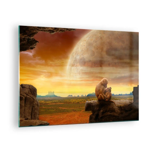 Cuadro sobre vidrio - Impresiones sobre Vidrio - Monos sentados en una roca con una enorme luna de fondo. - 70x50cm - El amor es igual en todas partes - Decoración de pared moderna para salón y dormitorio ARTTOR