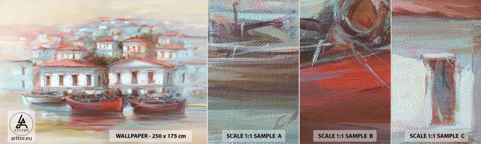 Muestra de fotomural Premium Sand - Ciudad feliz - Arquitectura, Velero, Puerto - 100x30 cm