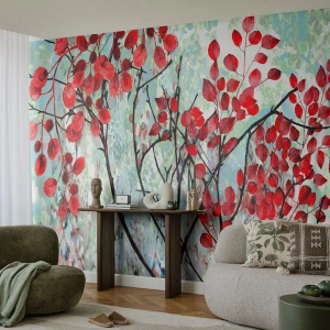 Fotomural Autadhesivo Deluxe Sticker - Un árbol en escarlata - Abstracción, Hojas rojas, Rama - 150x105 cm