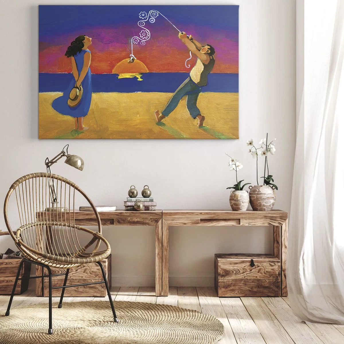 Cuadro sobre lienzo - Impresión de Imagen - Figuras junto al mar al atardecer - 70x50cm - Mucho más que una estrella del cielo - Decoración de pared moderna para salón y dormitorio ARTTOR