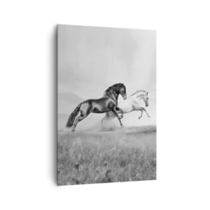 Cuadro sobre lienzo - Impresión de Imagen - Dos caballos al galope en una composición dinámica en blanco y negro - 70x100cm - Ángeles y demonios - Decoración de pared moderna para salón y dormitorio ARTTOR