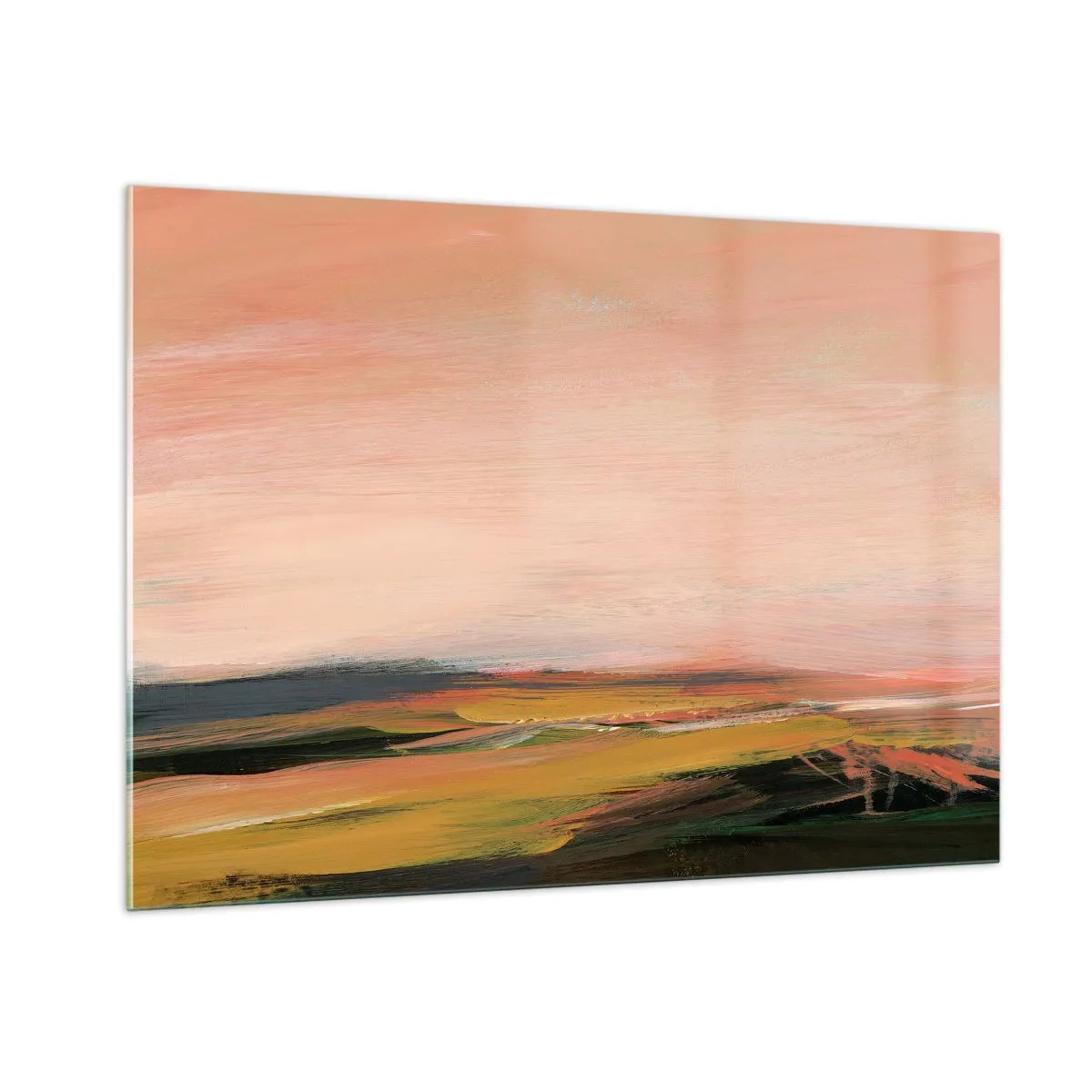 Cuadro sobre vidrio - Impresiones sobre Vidrio - Un paisaje abstracto en tonos rosa y verde apagado. - 100x70cm - En tono rosa - Decoración de pared moderna para salón y dormitorio ARTTOR