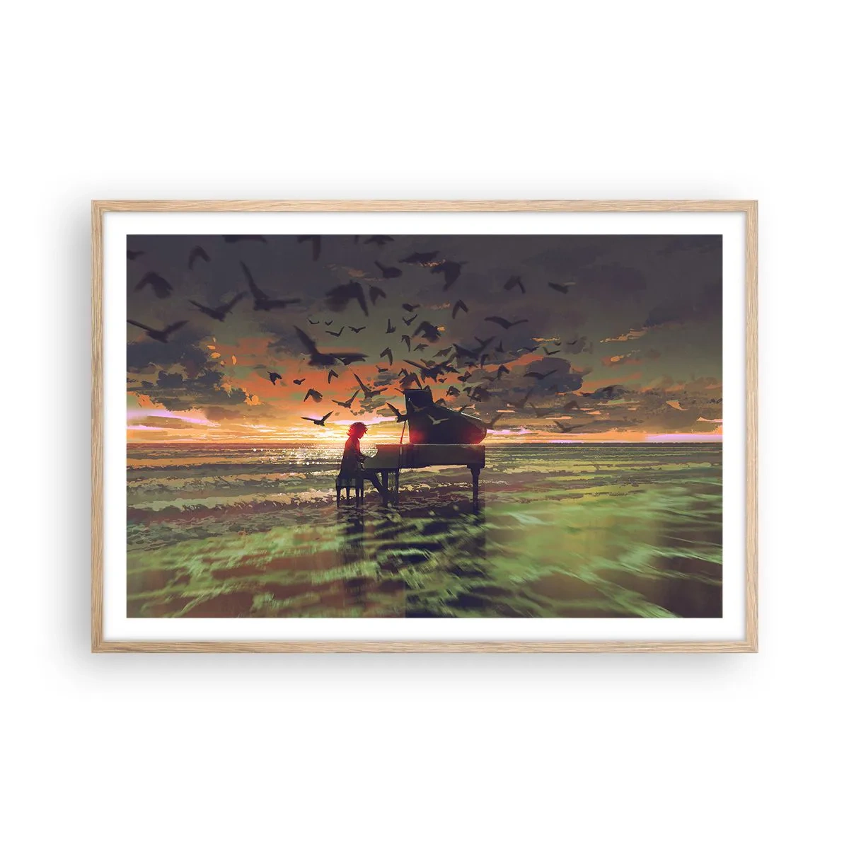 Póster en marco roble claro - Concierto de piano y olas - 91x61 cm