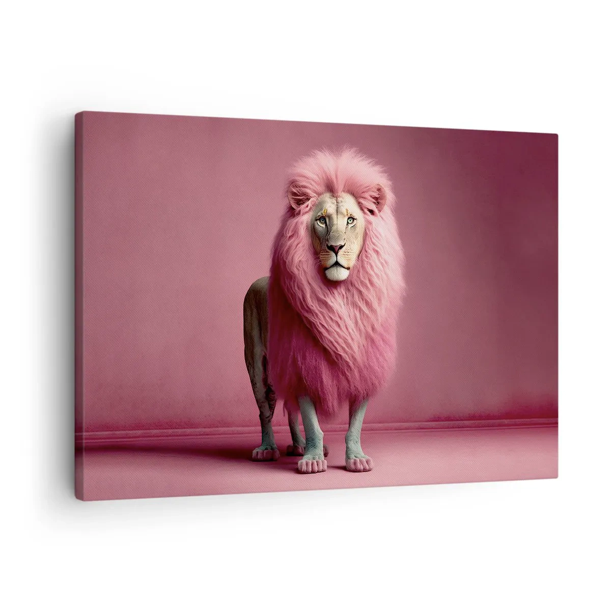 Cuadro sobre lienzo - Impresión de Imagen - Un león artísticamente representado con una melena rosa sobre un fondo rosa. - 70x50cm - Y ya no me tienes miedo - Decoración de pared moderna para salón y dormitorio ARTTOR