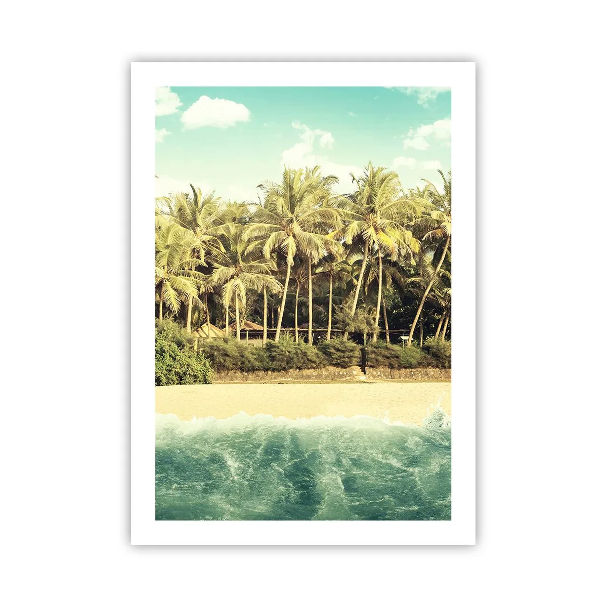 Póster - Playa tropical con palmeras y aguas azules. - 50x70cm - ¿Qué tal aquí? - Decoración de pared moderna para salón y dormitorio ARTTOR