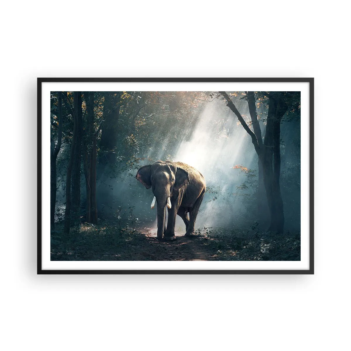 Póster en marco negro - Elefante en la luz del bosque - 100x70cm - Un paseo tranquilo - Decoración de pared moderna para salón y dormitorio ARTTOR