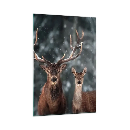 Cuadro sobre vidrio - Impresiones sobre Vidrio - Ciervos en un bosque invernal cubierto de nieve - 80x120cm - El señor y la señora del bosque - Decoración de pared moderna para salón y dormitorio ARTTOR