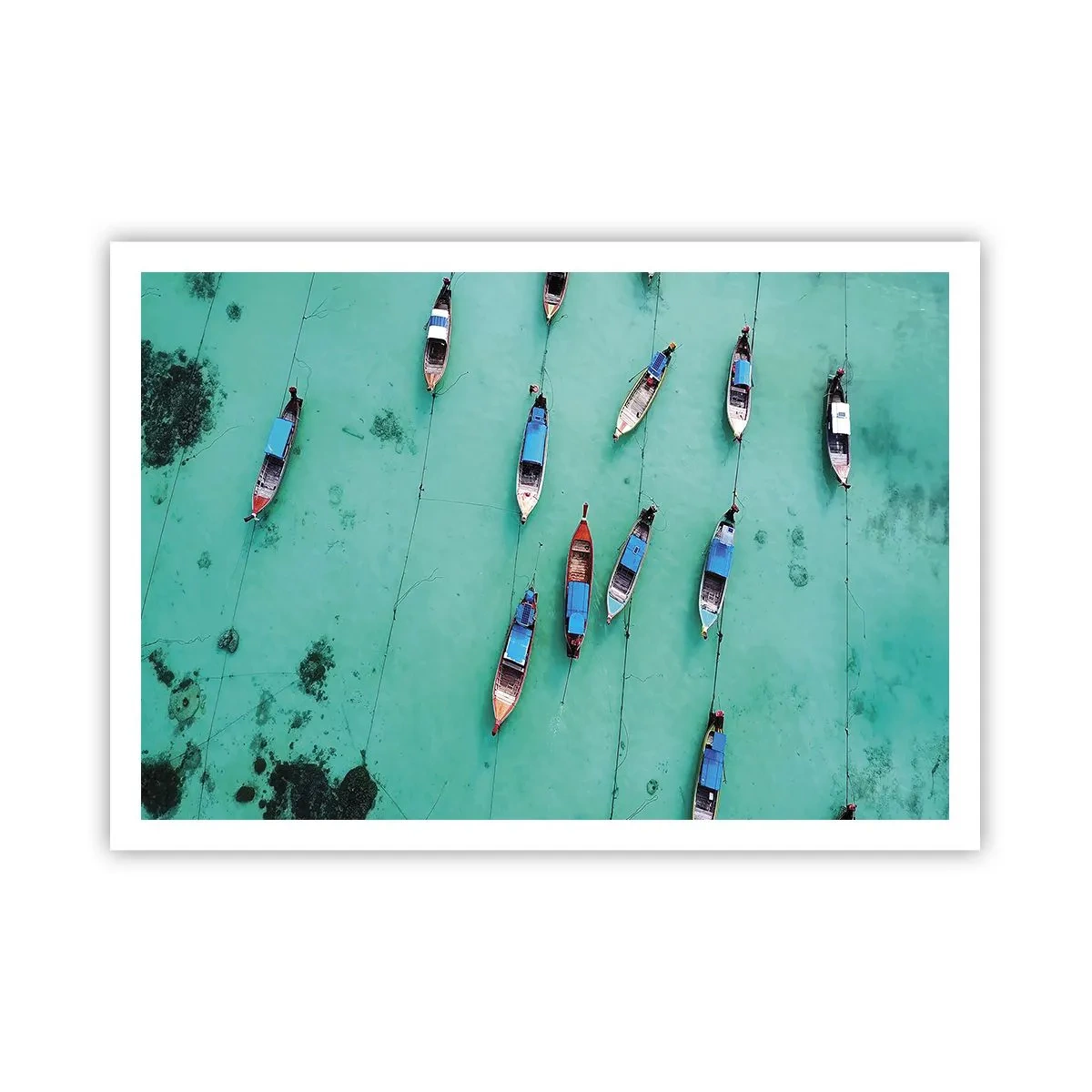 Póster - Una vista aérea de barcos en aguas turquesas. - 100x70cm - En alegre espera - Decoración de pared moderna para salón y dormitorio ARTTOR