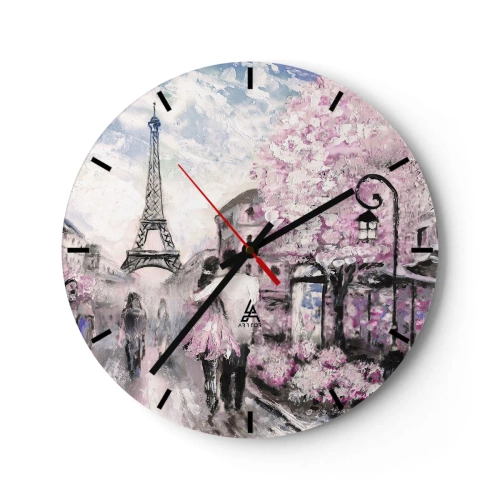 Reloj de pared - Reloj de vidrio - Vista romántica de París con la Torre Eiffel y árboles en flor. - 30x30cm - La ciudad del amor - Decoración de pared moderna para salón, cocina y dormitorio ARTTOR