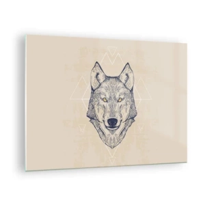 Cuadro sobre vidrio - Impresiones sobre Vidrio - Cabeza de lobo sobre un fondo de patrones geométricos. - 70x50cm - La mirada del lobo alfa - Decoración de pared moderna para salón y dormitorio ARTTOR