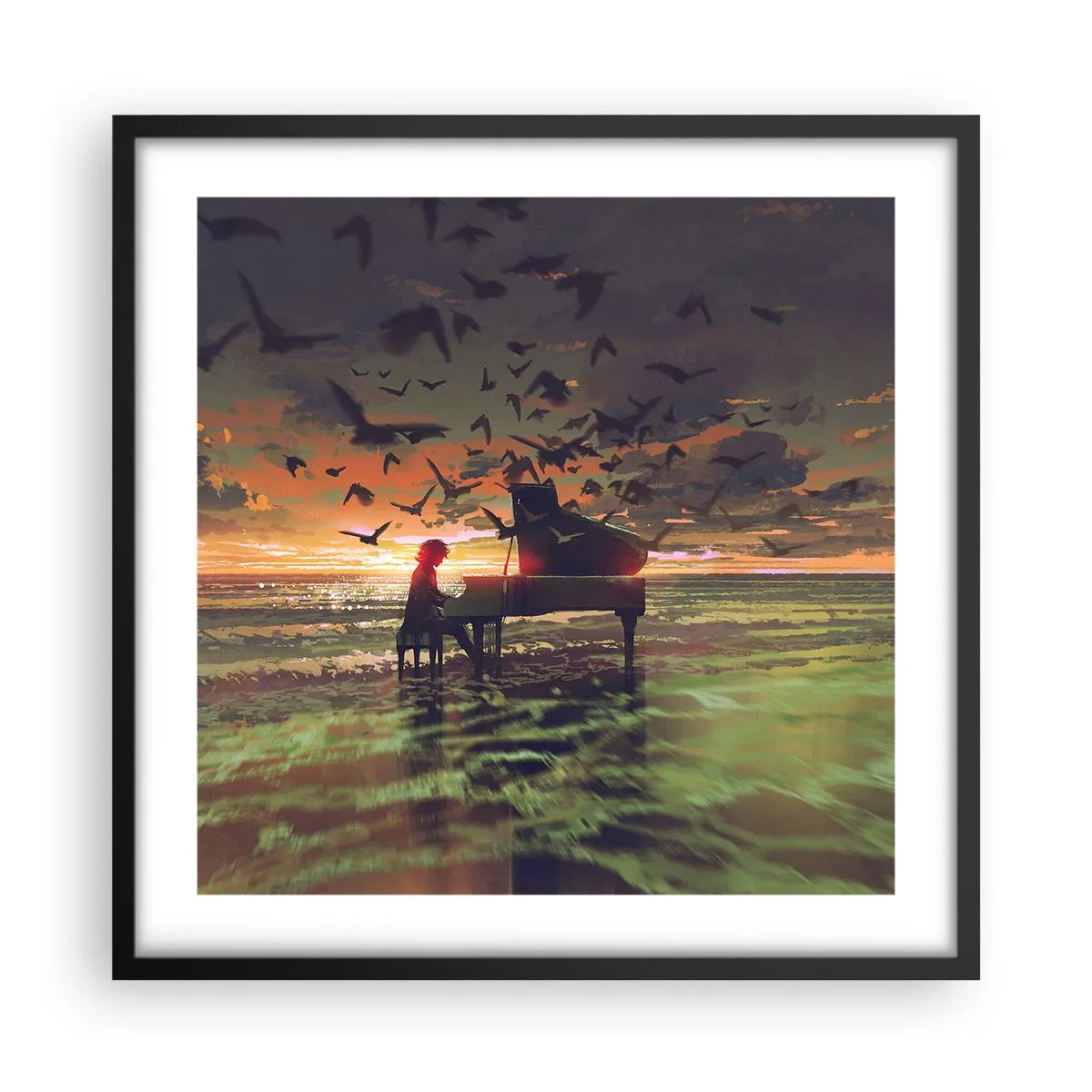 Póster en marco negro - Concierto de piano y olas - 50x50 cm