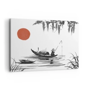 Cuadro sobre lienzo - Impresión de Imagen - Paisaje oriental con un pescador en un barco y un sol rojo. - 120x80cm - Una tarde asiática - Decoración de pared moderna para salón y dormitorio ARTTOR