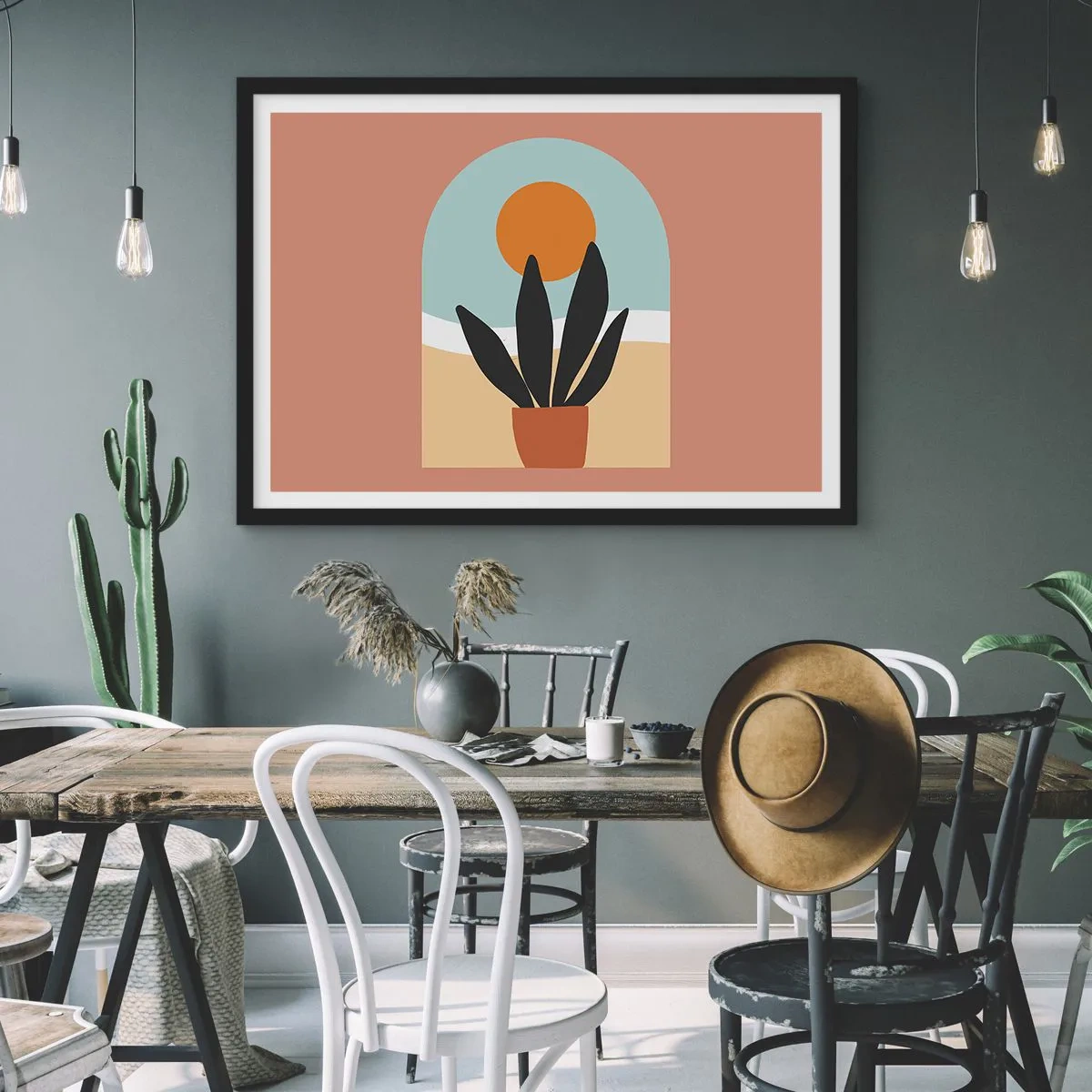 Póster en marco negro - Una planta negra en una maceta contra el sol. - 70x50cm - Pequeñas alegrías - Decoración de pared moderna para salón y dormitorio ARTTOR