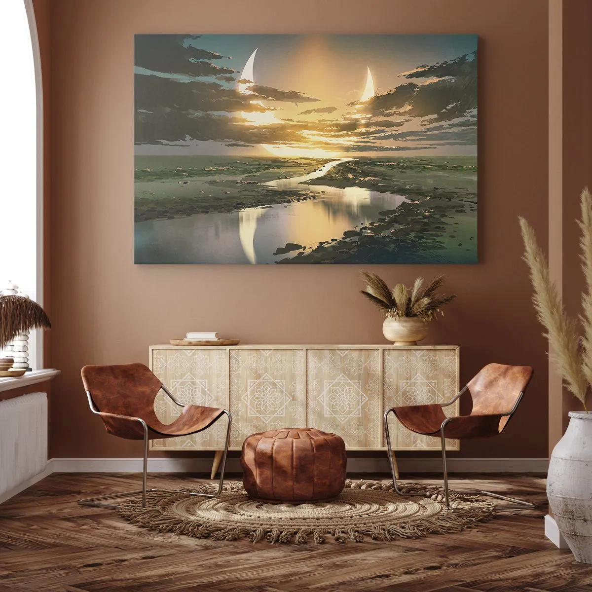 Cuadro sobre lienzo - Impresión de Imagen - Un paisaje fantástico con dos lunas en el horizonte. - 120x80cm - En algún lugar de una galaxia muy, muy lejana - Decoración de pared moderna para salón y dormitorio ARTTOR