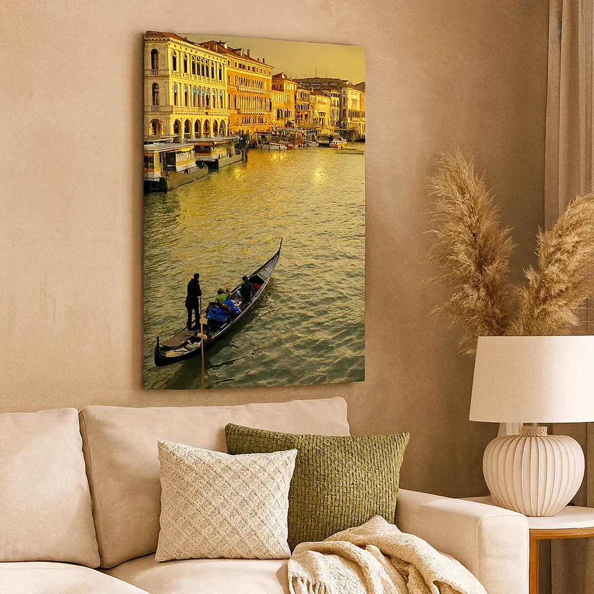 Cuadro sobre lienzo - Impresión de Imagen - Góndola en un canal de Venecia al atardecer - 50x70cm - En el lado soleado de la calle - Decoración de pared moderna para salón y dormitorio ARTTOR