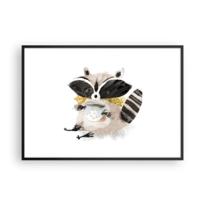 Póster en marco negro - Adorable mapache sosteniendo una taza de color pastel - 100x70cm - Mi amigo mapache - Decoración de pared moderna para salón y dormitorio ARTTOR