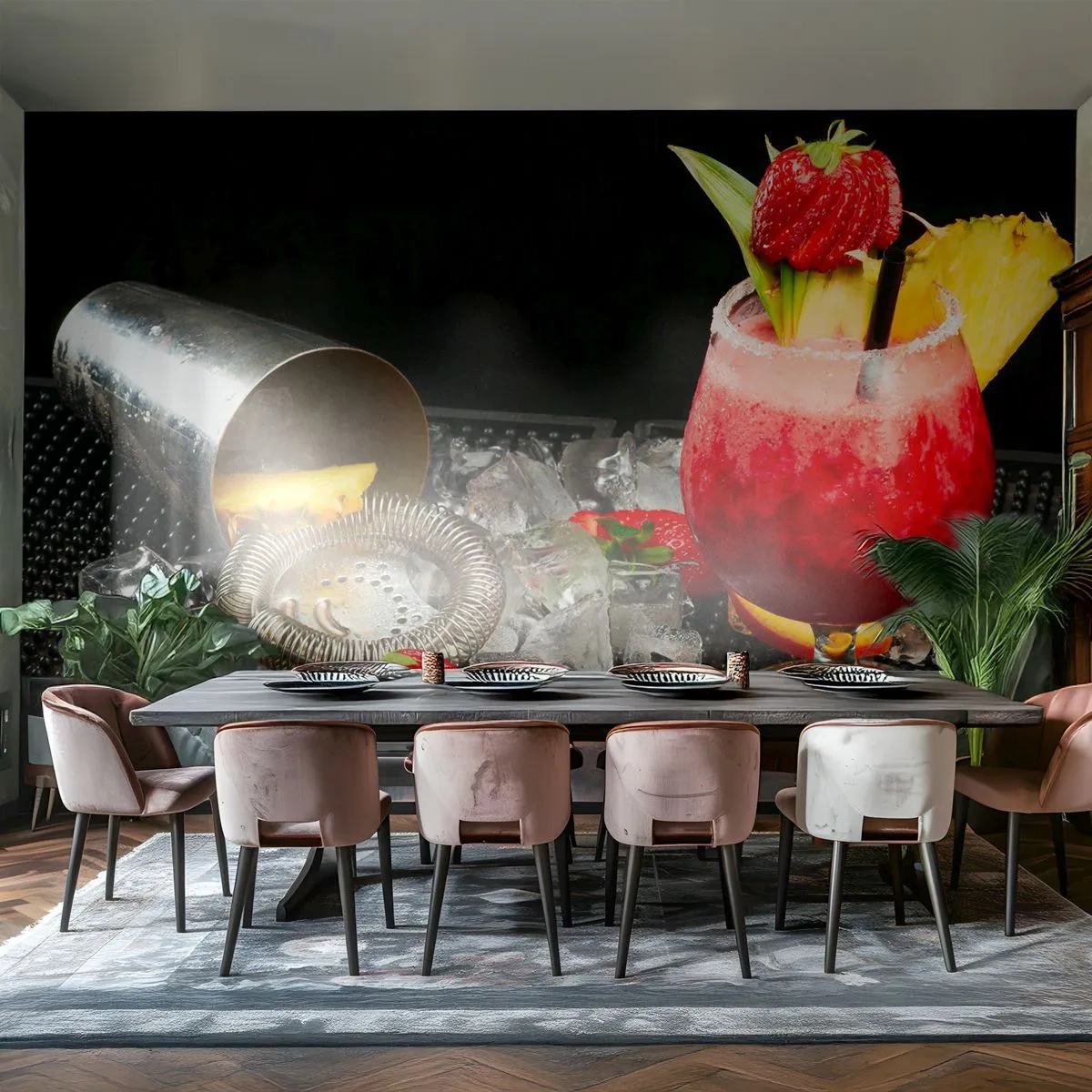 Fotomural Premium Canvas - Un cóctel colorido con fresas, hielo y piña. - 100x70cm - Conjurar el sabor - Decoración de pared moderna para salón y dormitorio ARTTOR