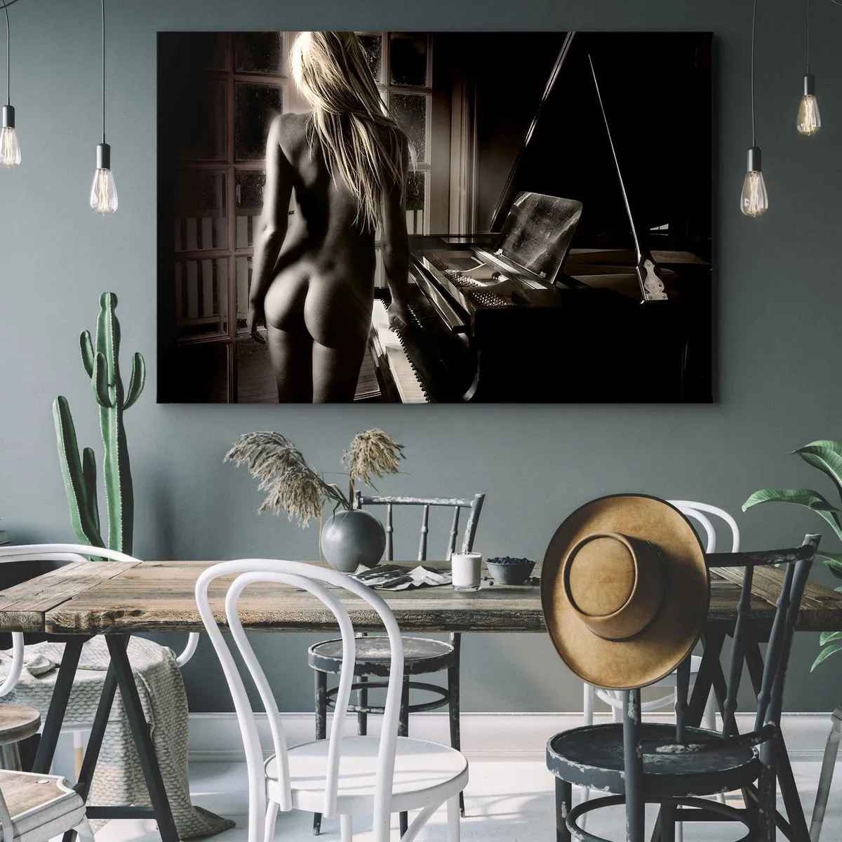 Cuadro sobre lienzo - Impresión de Imagen - Desnudo femenino al piano en estilo blanco y negro - 120x80cm - Perfecta armonía de la noche - Decoración de pared moderna para salón y dormitorio ARTTOR