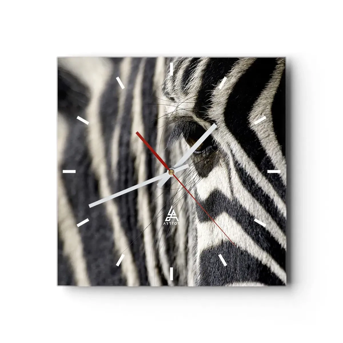 Reloj de pared - Reloj de vidrio - Primer plano del ojo de una cebra con rayas blancas y negras - 30x30cm - Retrato a rayas - Decoración de pared moderna para salón y dormitorio ARTTOR