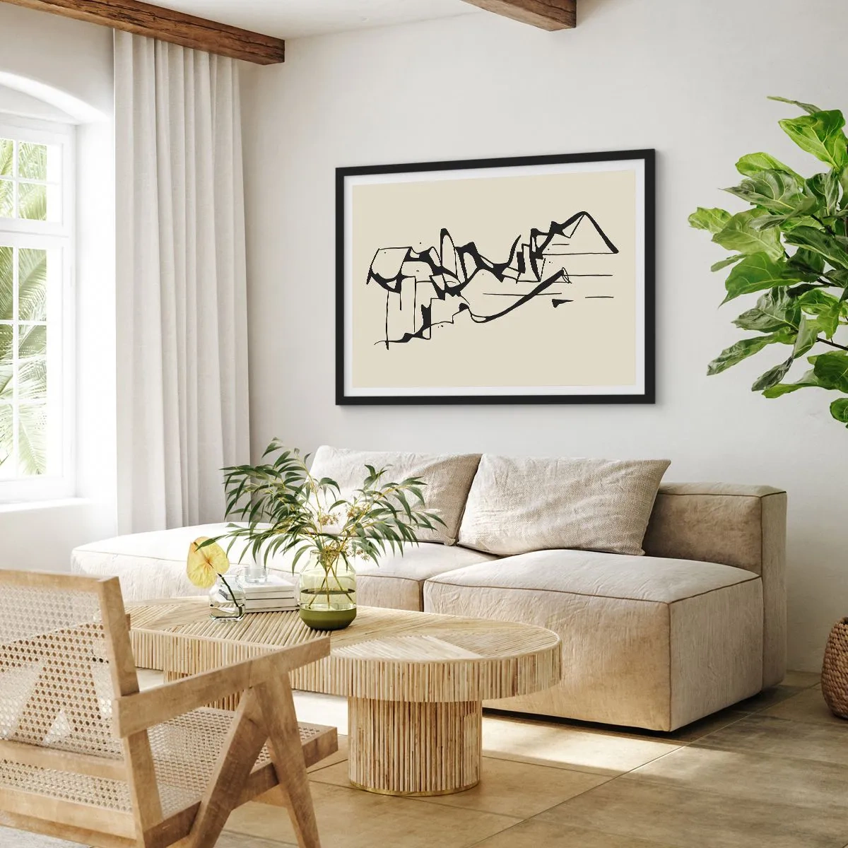 Póster en marco negro - Dibujo abstracto de montañas en blanco y negro - 70x50cm - Tal vez sea un paisaje - Decoración de pared moderna para salón y dormitorio ARTTOR