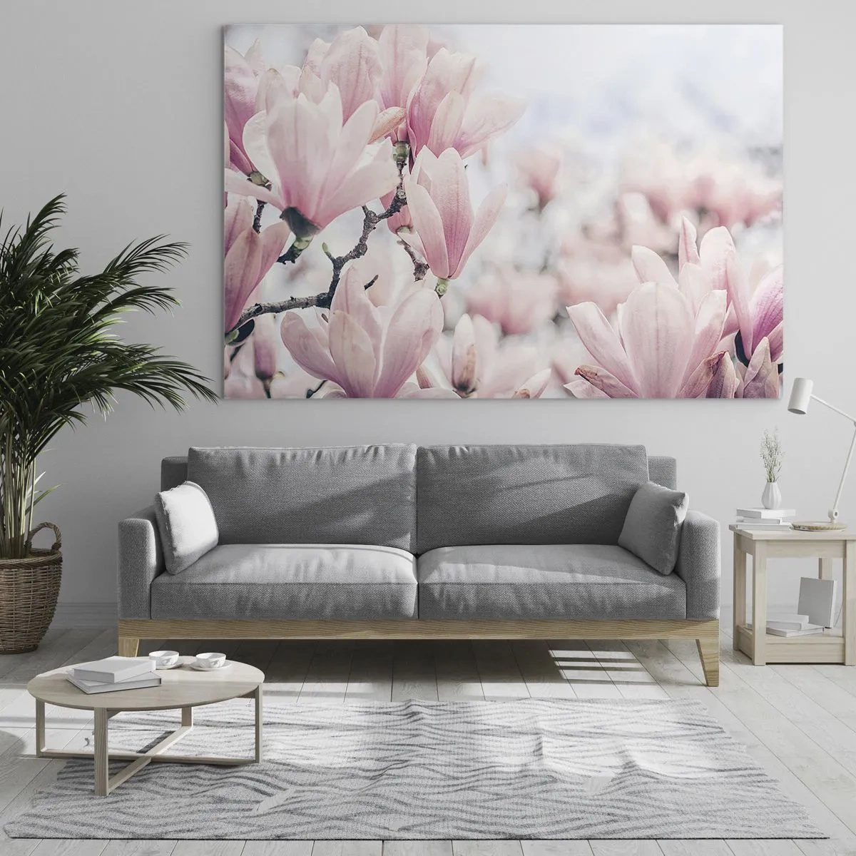 Cuadro sobre vidrio - Impresiones sobre Vidrio - Delicadas magnolias rosas sobre un fondo claro. - 70x50cm - La perfección de la sutileza - Decoración de pared moderna para salón y dormitorio ARTTOR