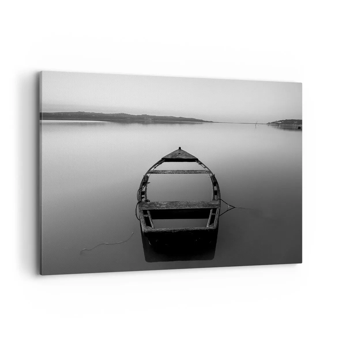 Cuadro sobre lienzo - Impresión de Imagen - Un barco solitario en un lago tranquilo en tonos blanco y negro. - 100x70cm - Anhelo y melancolía - Decoración de pared moderna para salón y dormitorio ARTTOR