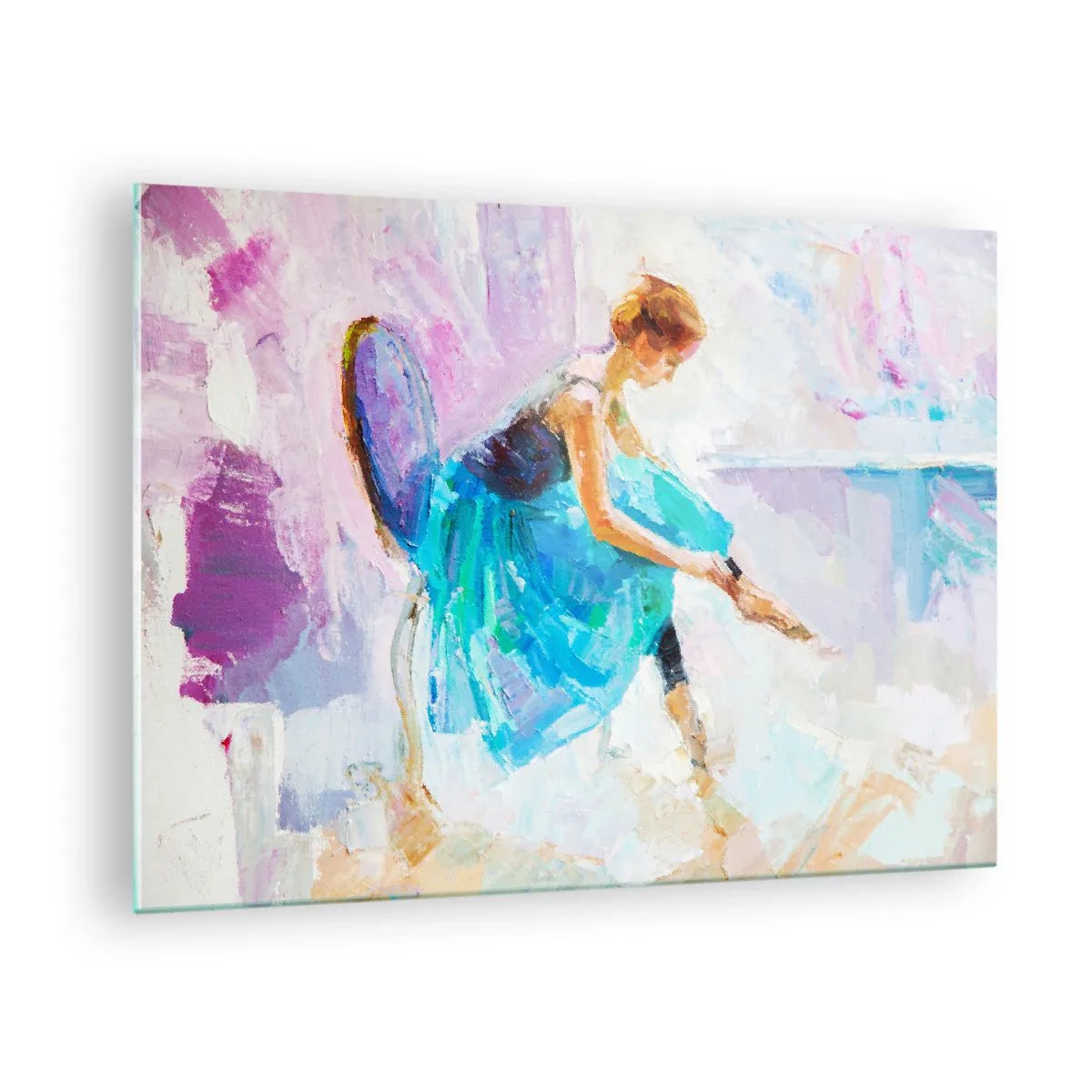 Cuadro sobre vidrio - Impresiones sobre Vidrio - Una bailarina con un vestido azul sobre un fondo impresionista. - 70x50cm - Gracia indescriptible, encanto sutil - Decoración de pared moderna para salón y dormitorio ARTTOR