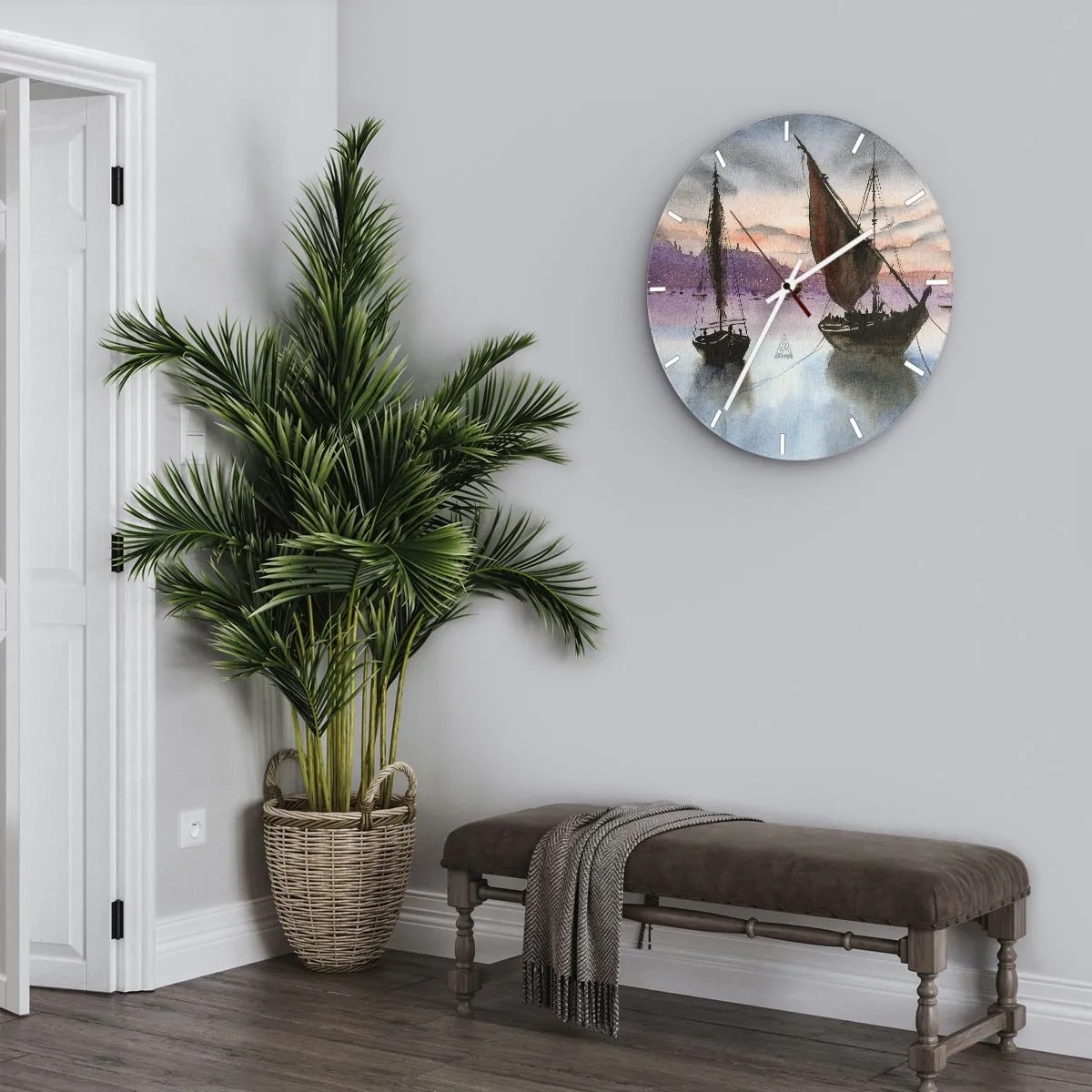 Reloj de pared - Reloj de vidrio - Barcos de vela en el agua al atardecer - 30x30cm - Atardecer en el puerto - Decoración de pared moderna para salón, cocina y dormitorio ARTTOR
