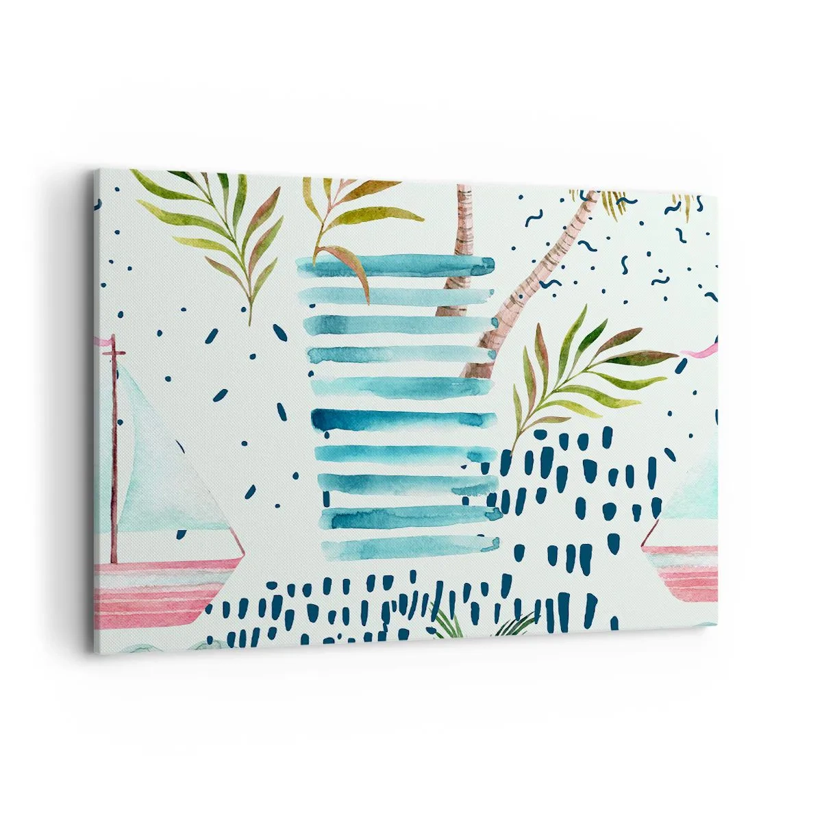 Cuadro sobre lienzo - Impresión de Imagen - Patrón abstracto con palmeras y acentos náuticos. - 120x80cm - Vacaciones bajo las palmeras - Decoración de pared moderna para salón y dormitorio ARTTOR