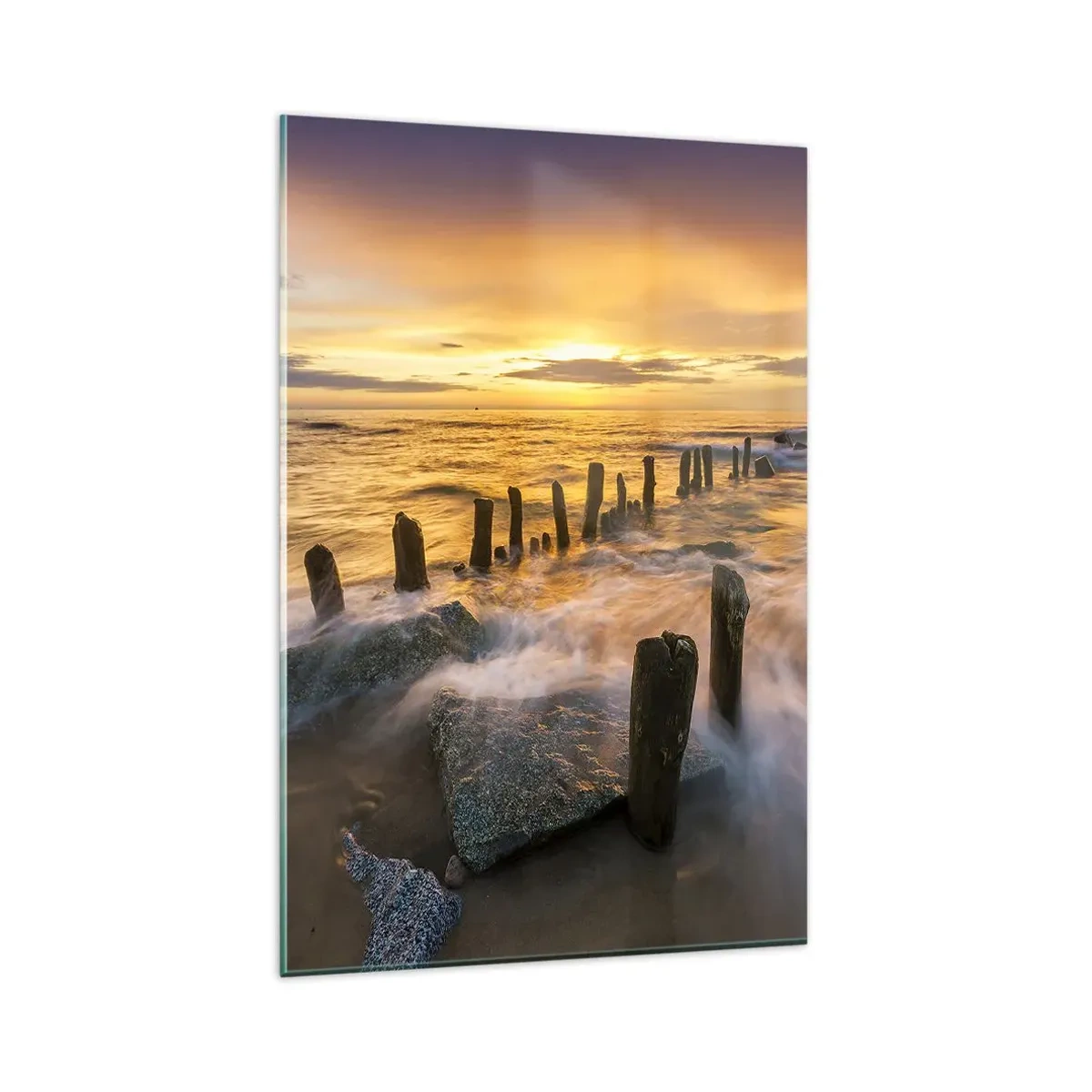 Cuadro sobre vidrio - Impresiones sobre Vidrio - Puesta de sol sobre el mar con los restos de un antiguo muelle - 80x120cm - La cruda belleza del Báltico - Decoración de pared moderna para salón y dormitorio ARTTOR
