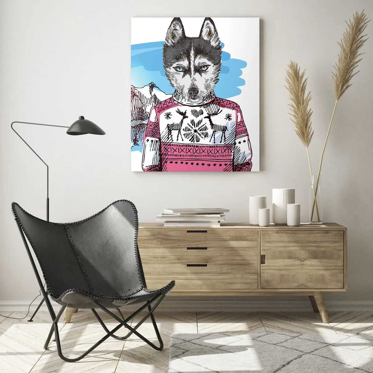 Cuadro sobre vidrio - Impresiones sobre Vidrio - Husky con un suéter con montañas al fondo - 50x70cm - Un lobo con piel de cordero - Decoración de pared moderna para salón y dormitorio ARTTOR
